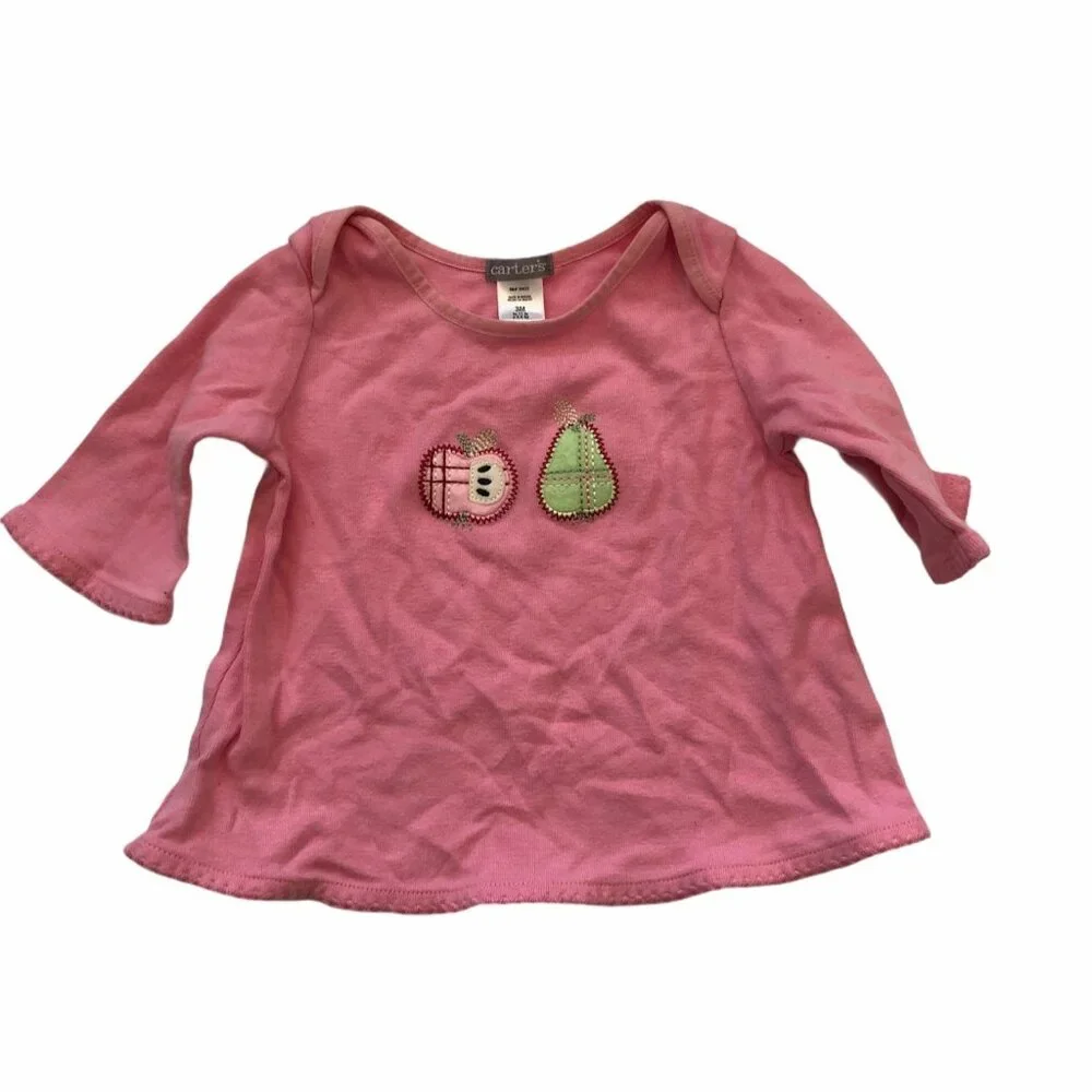 Carters 3M Pink Baby Girl Long-Sleeve Shirt Fruit Applique Cotton Top Lightweigh